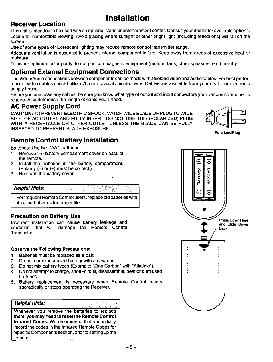 Installation, Receiver location, Optional external equipment connections | Ac power supply cord, Remote control battery installation, Precaution on battery use, Observe the following precautions | Panasonic CT-32G32U User Manual | Page 5 / 32
