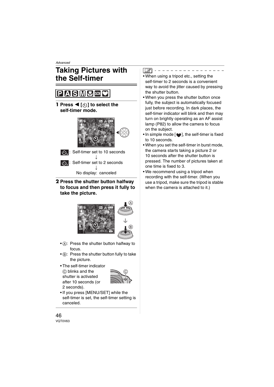 Taking pictures with the self-timer | Panasonic DMC-FZ7 User Manual | Page 46 / 132