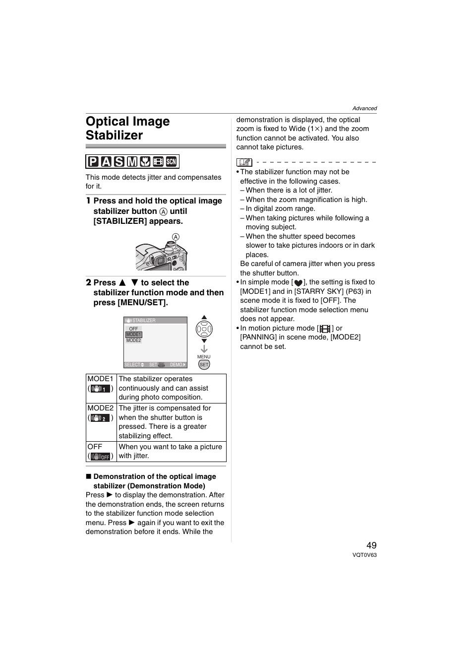 Optical image stabilizer | Panasonic DMC-FZ7 User Manual | Page 49 / 132