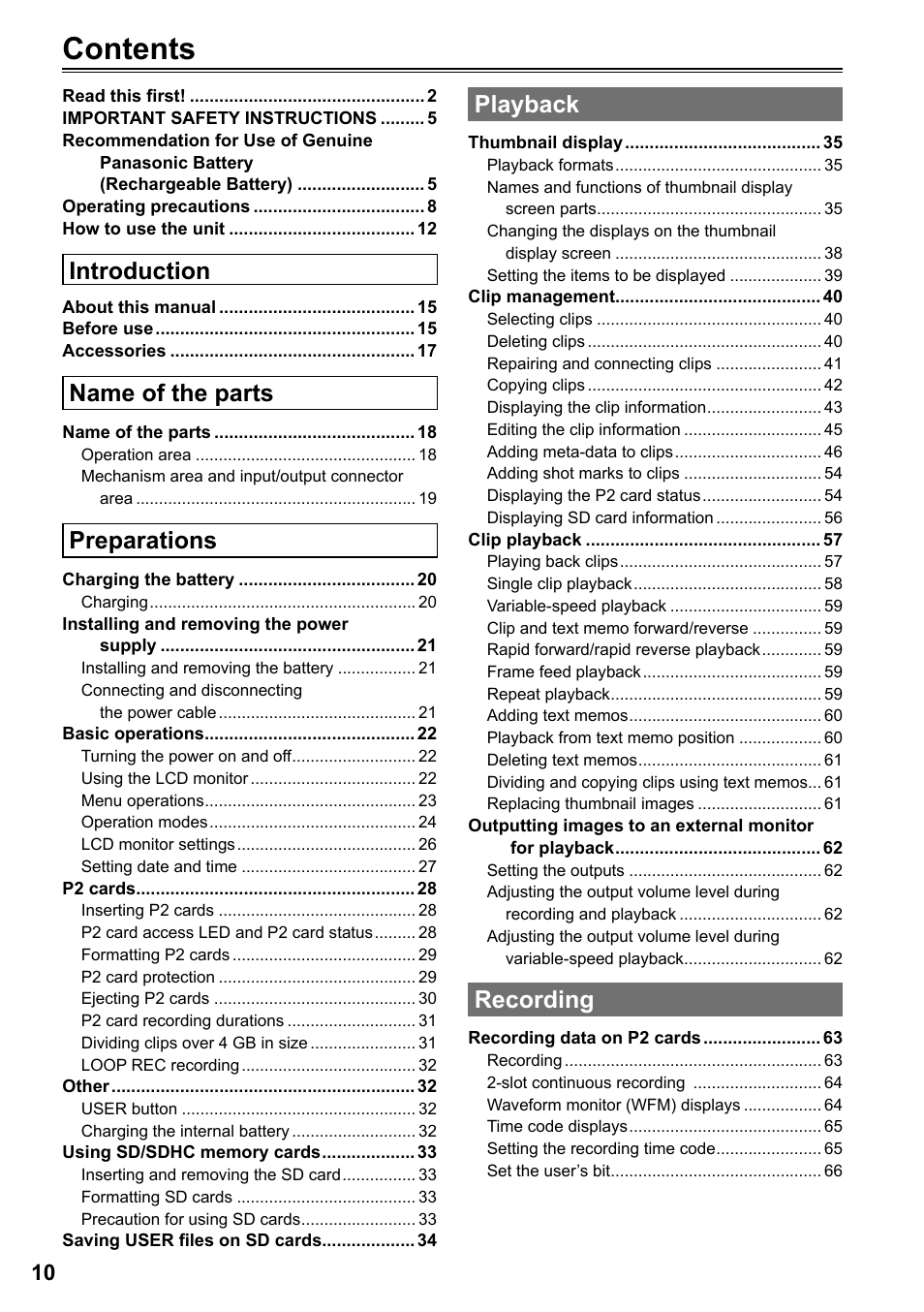 Panasonic AG-HPG20P User Manual | Page 10 / 120
