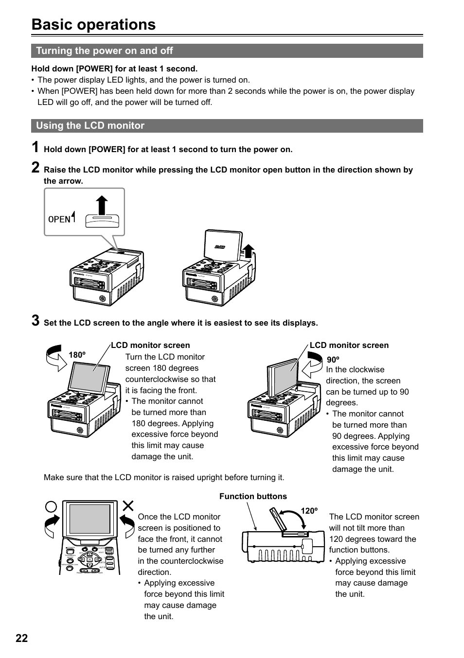 Basic operations, Turning the power on and off, Using the lcd monitor | Panasonic AG-HPG20P User Manual | Page 22 / 120