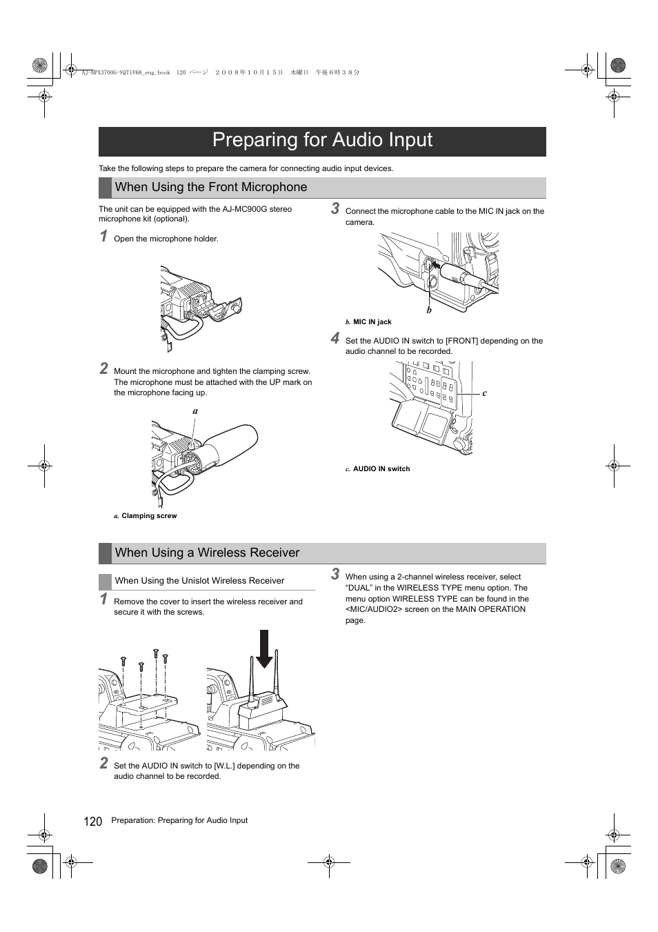Preparing for audio input, 120 a | Panasonic AJ-P2C016RG User Manual | Page 120 / 212
