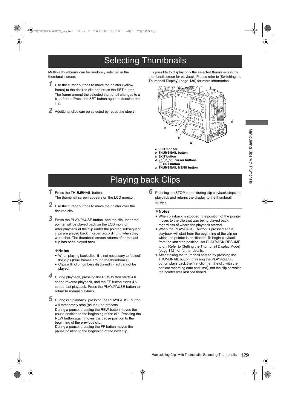 Selecting thumbnails, Playing back clips | Panasonic AJ-P2C016RG User Manual | Page 129 / 212