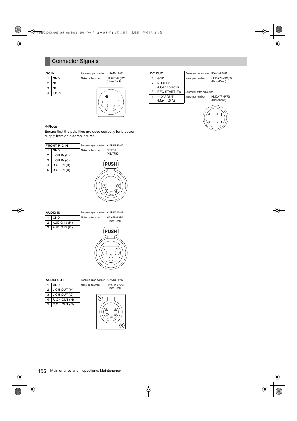 Connector signals, Push | Panasonic AJ-P2C016RG User Manual | Page 156 / 212
