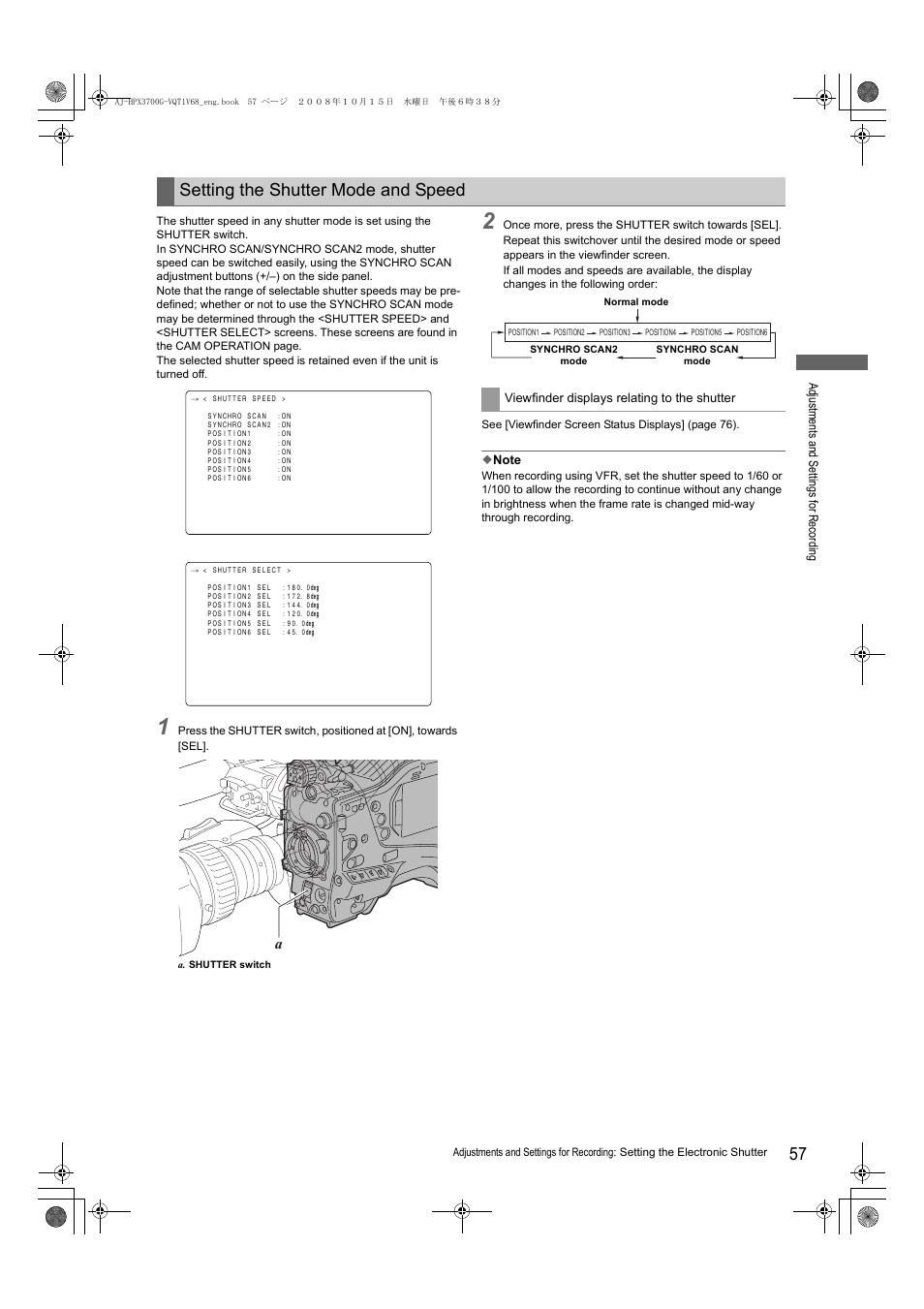 Setting the shutter mode and speed | Panasonic AJ-P2C016RG User Manual | Page 57 / 212