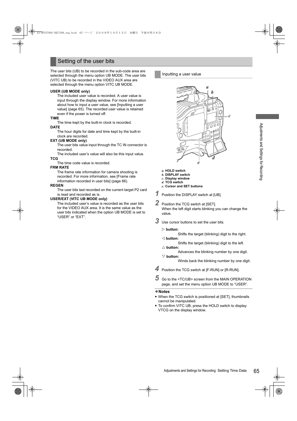 Setting of the user bits | Panasonic AJ-P2C016RG User Manual | Page 65 / 212