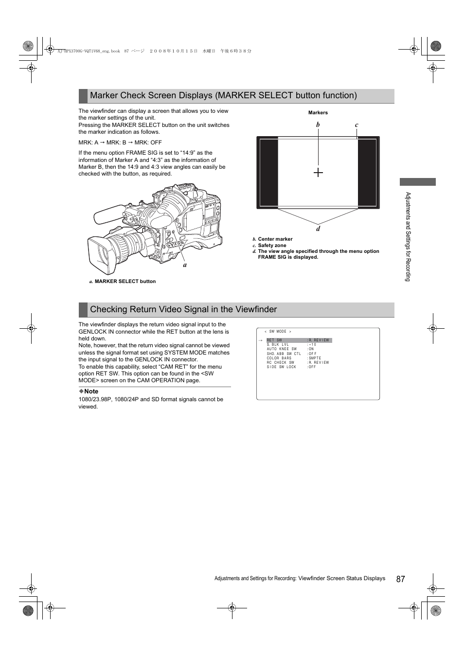 Checking return video signal in the viewfinder, Ab c d | Panasonic AJ-P2C016RG User Manual | Page 87 / 212