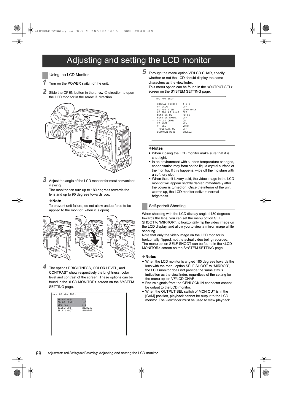 Adjusting and setting the lcd monitor | Panasonic AJ-P2C016RG User Manual | Page 88 / 212