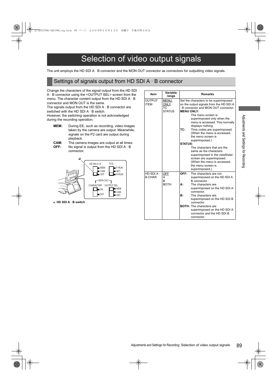 Selection of video output signals | Panasonic AJ-P2C016RG User Manual | Page 89 / 212