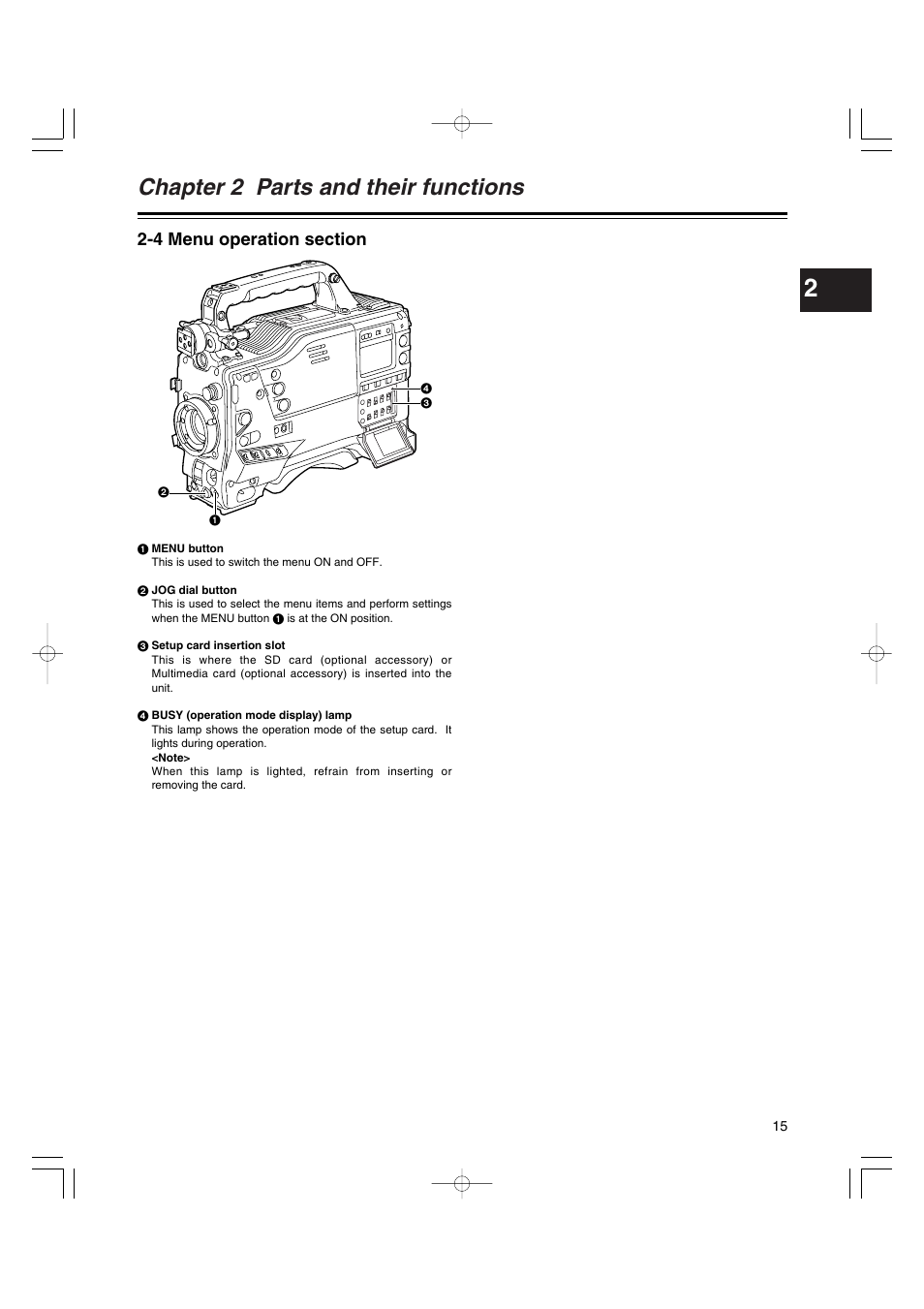 4 menu operation section, Menu operation section, Chapter 2 parts and their functions | Panasonic AJ-HDX400E User Manual | Page 15 / 102