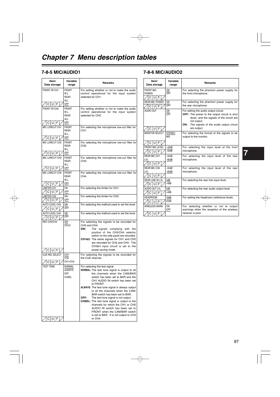8-5 mic/audio1, 8-6 mic/audio2, Mic/audio1 | Mic/audio2, Chapter 7 menu description tables | Panasonic AJ-HDX400E User Manual | Page 97 / 102