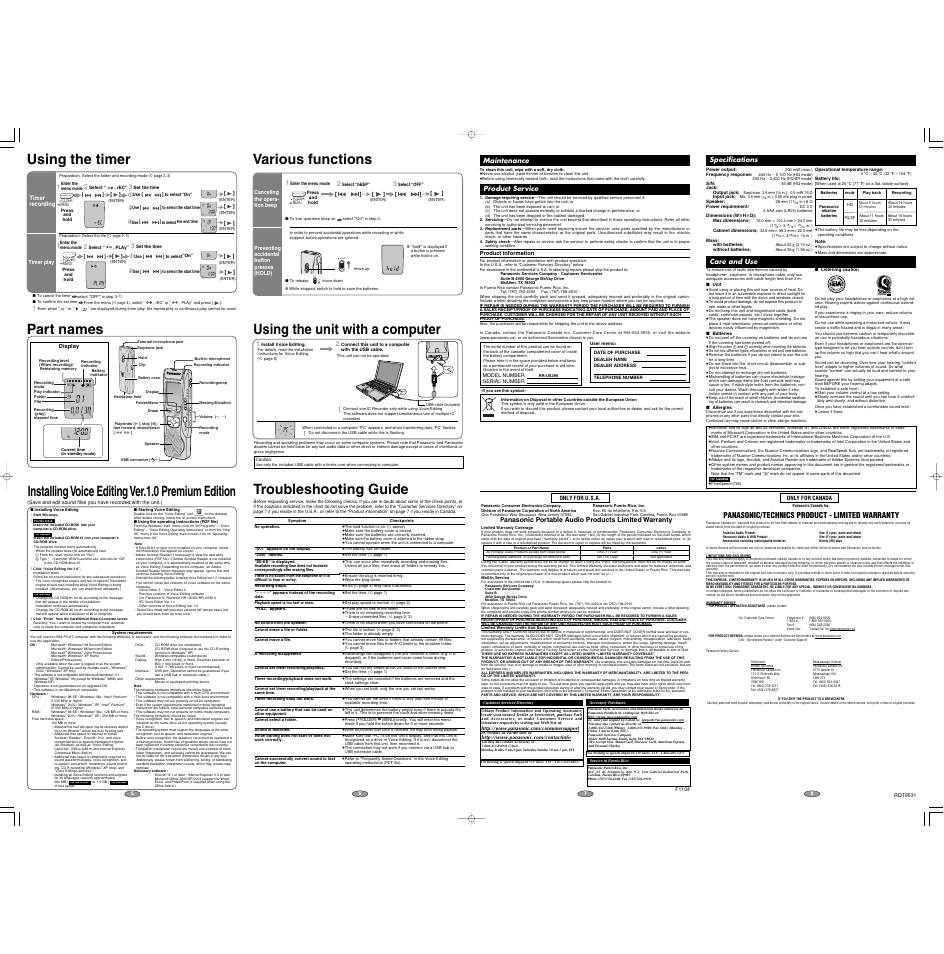 Various functions, Using the timer, Ab c d rec date remain am pmh mm ds | Ab c d rec date remain am pmh mm ds hold, Part names, Mic hold ( ), Vo lr e c /s t o p, Plug in power, Date remain ampmh mm ds, Using the unit with a computer | Panasonic PQT8531-P User Manual | Page 2 / 2