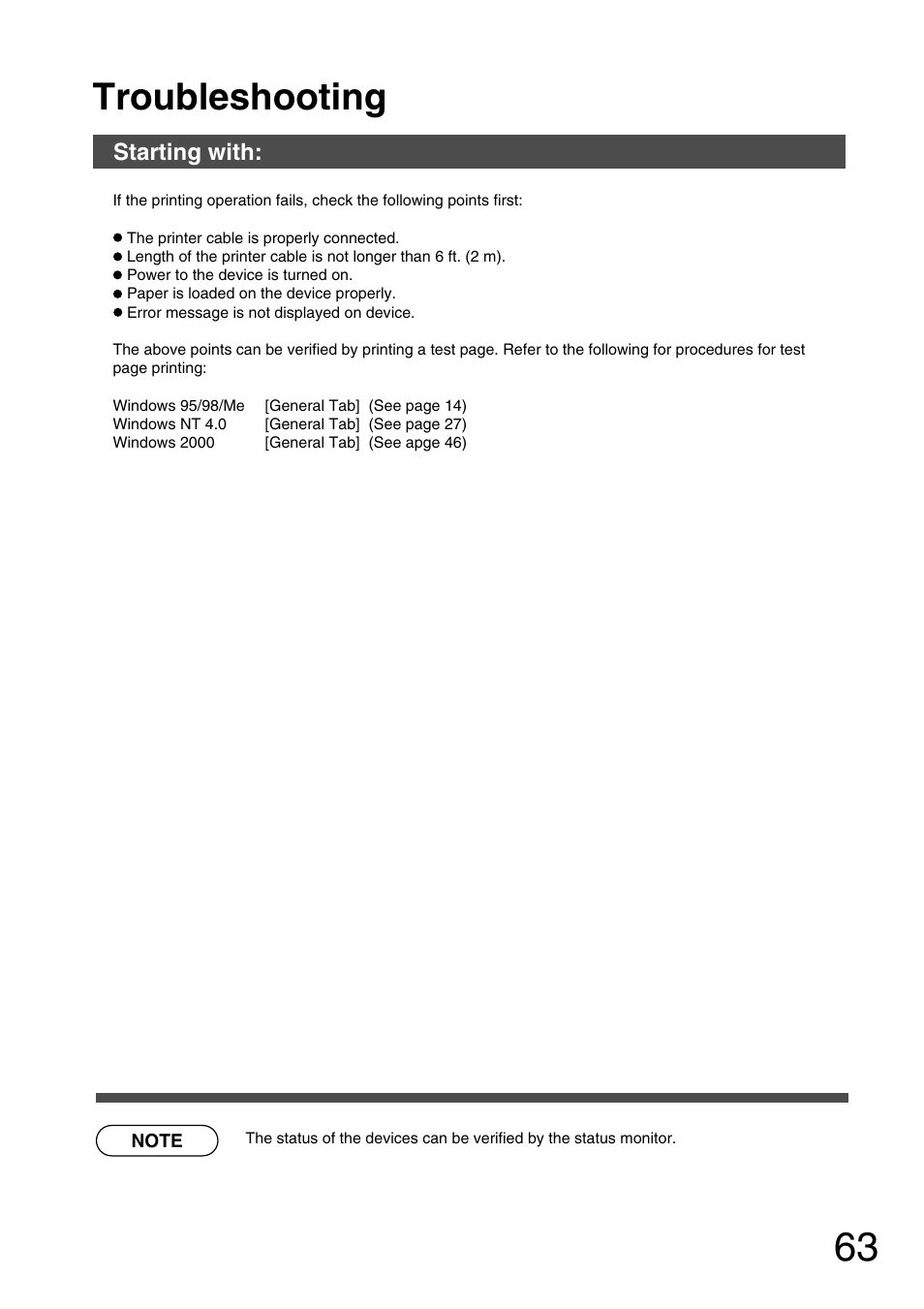 Troubleshooting, Starting with | Panasonic 150P User Manual | Page 63 / 153