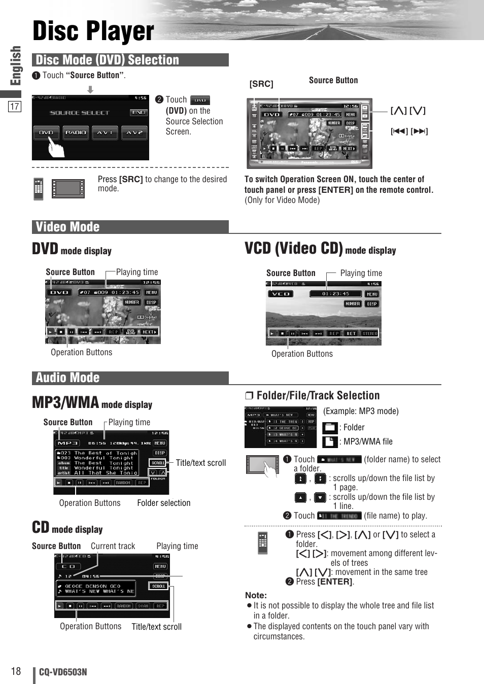 Disc player, Mp3/wma, Vcd (video cd) | English, Video mode, Audio mode, Disc mode (dvd) selection, Folder/file/track selection | Panasonic CQ-VD6503N User Manual | Page 18 / 100