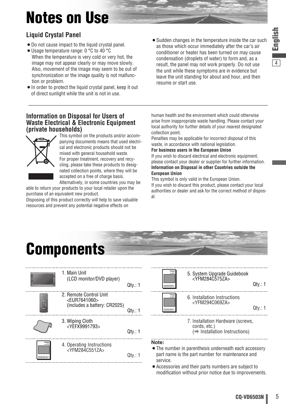 English, Liquid crystal panel | Panasonic CQ-VD6503N User Manual | Page 5 / 100