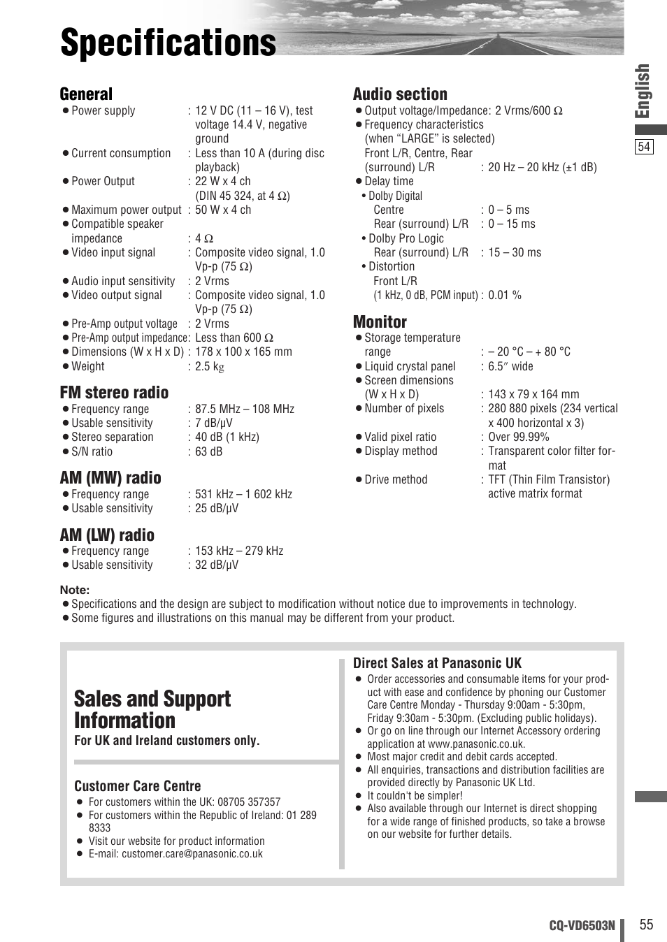 Specifications, Sales and support information, English | General, Fm stereo radio, Am (mw) radio, Am (lw) radio, Monitor | Panasonic CQ-VD6503N User Manual | Page 55 / 100