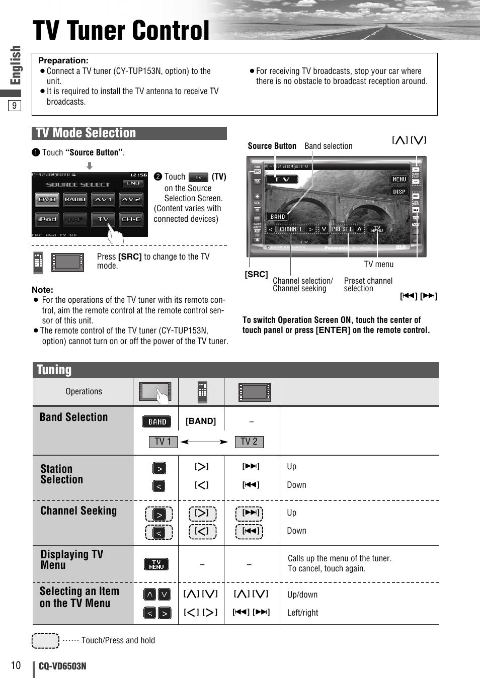 Tv tuner control, English, Tuning | Tv mode selection, Selecting an item on the tv menu, Band selection | Panasonic CQ-VD6503N User Manual | Page 86 / 100