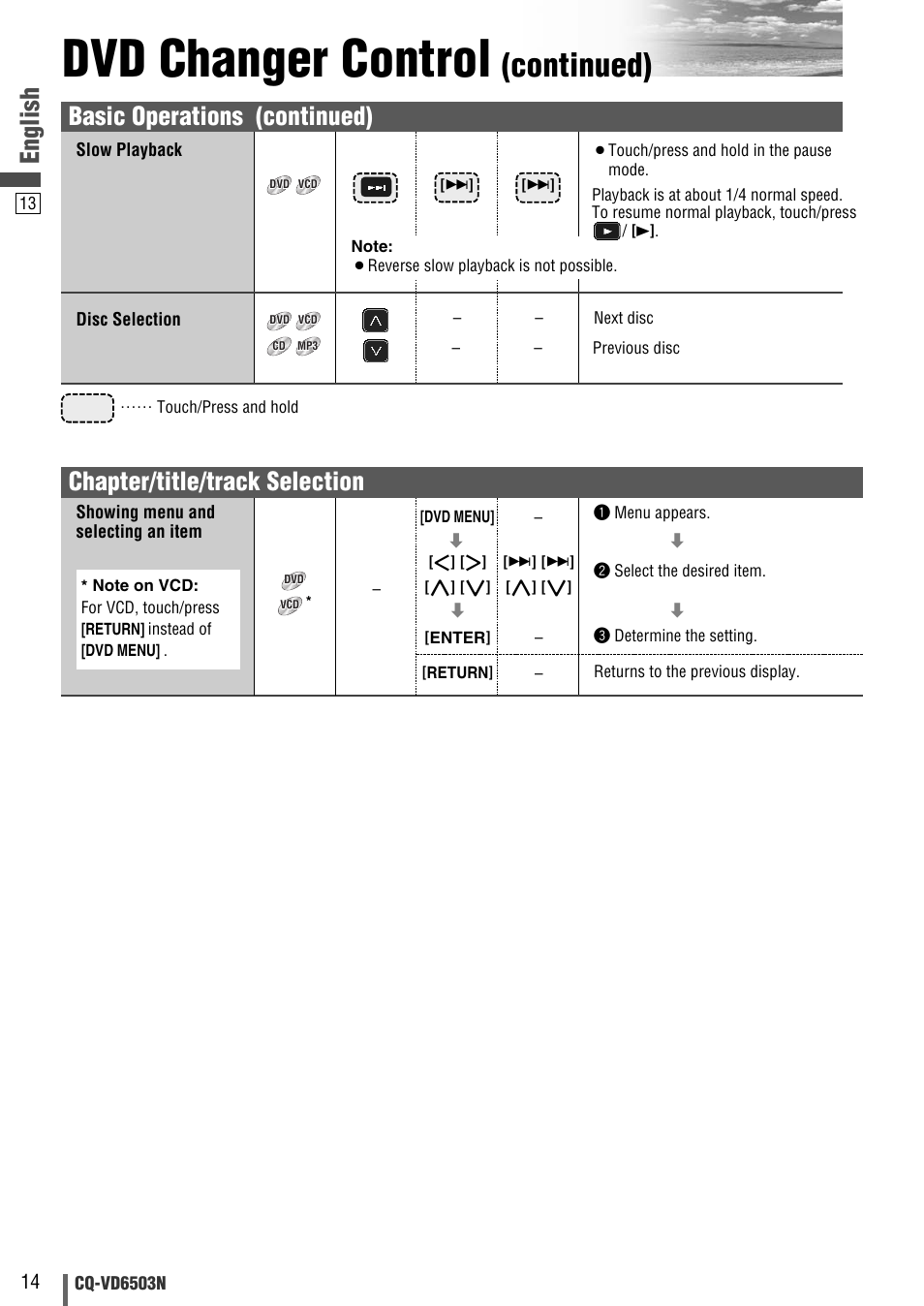 Dvd changer control, Continued), English | Basic operations (continued), Chapter/title/track selection | Panasonic CQ-VD6503N User Manual | Page 90 / 100