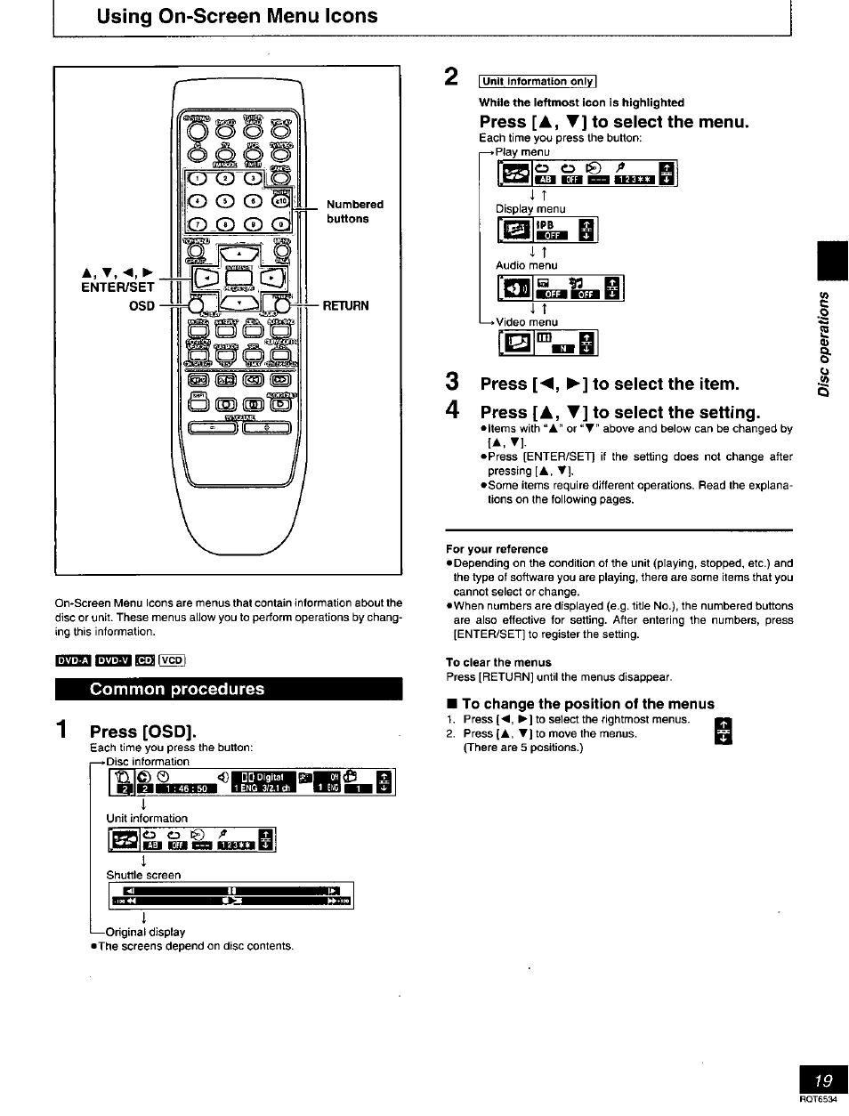 Using on-screen menu icons, Common procedures, Press [osd | Press [a, t] to select the menu, 3 press to select the item, 4 press [a, t] to select the setting, To change the position of the menus | Panasonic SC-DT300 User Manual | Page 19 / 40