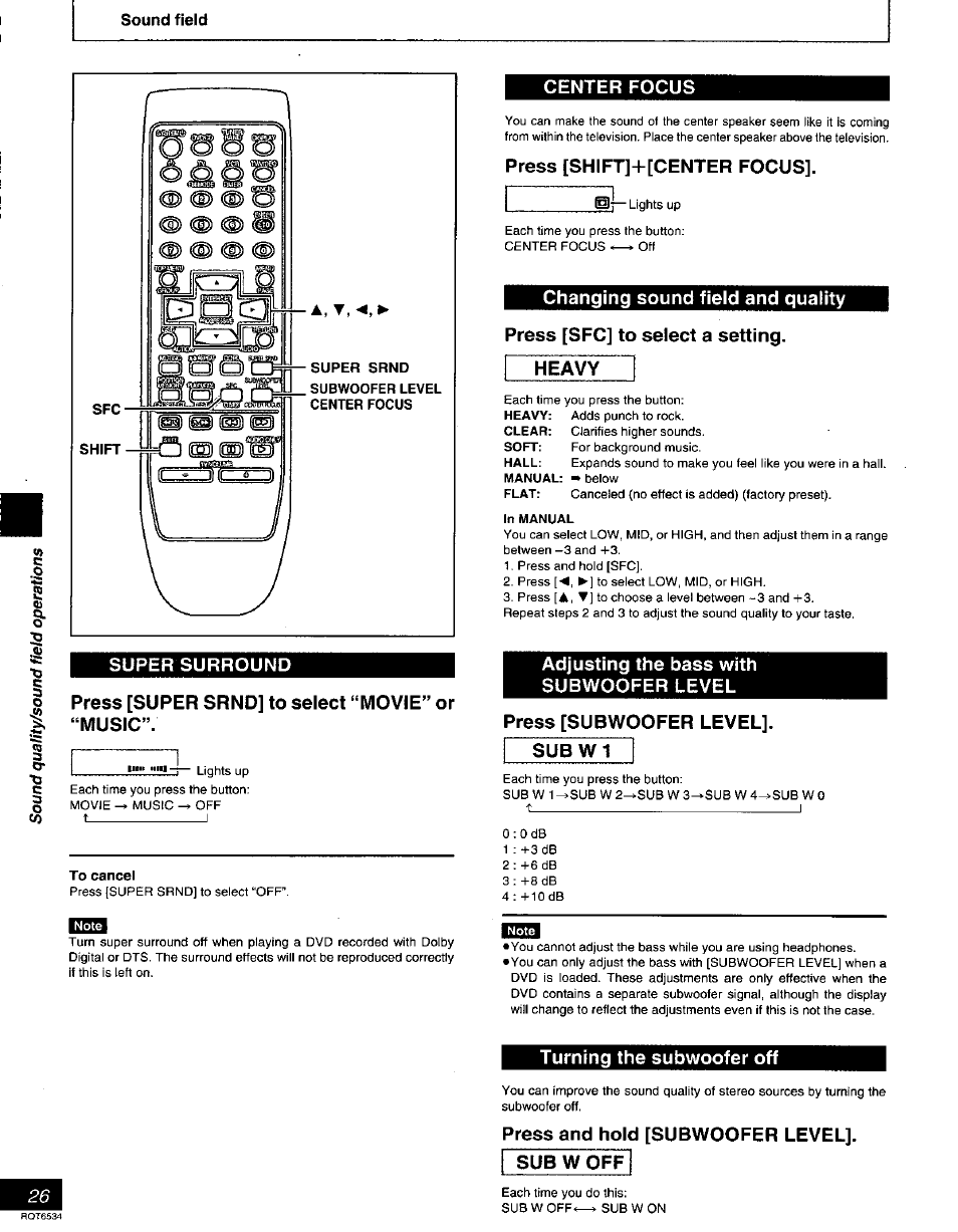 Sound field, Center focus, Press [shift]+[center focus | Changing sound field and quality, Press [sfc] to select a setting, Adjusting the bass with subwoofer level, Press [subwoofer level, Turning the subwoofer off, Press and hold [subwoofer level, Sub w off | Panasonic SC-DT300 User Manual | Page 26 / 40