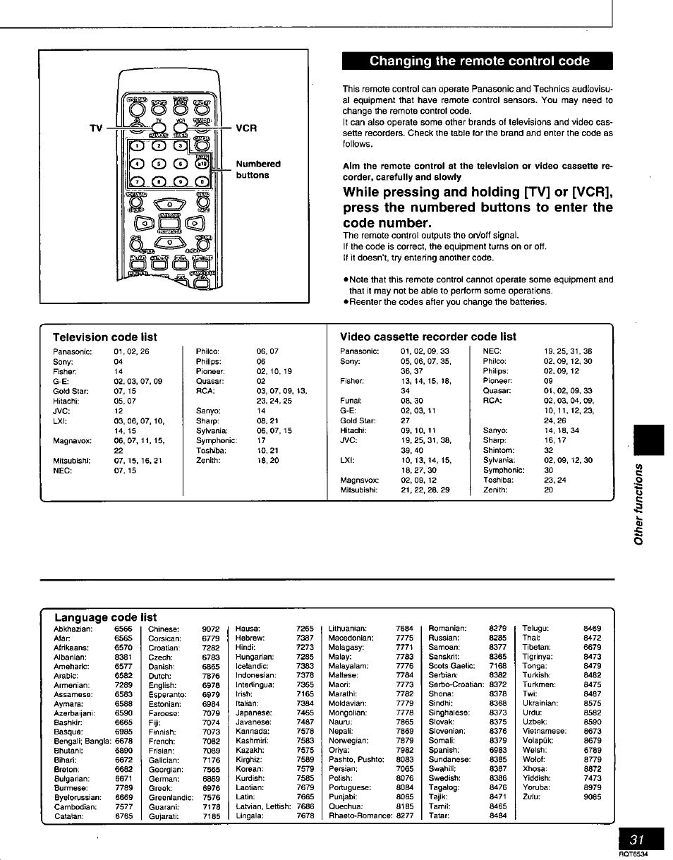 Changing the remote control code, Language code list | Panasonic SC-DT300 User Manual | Page 31 / 40