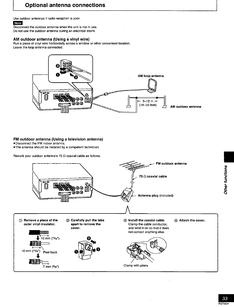 Optional antenna connections, Am outdoor antenna (using a vinyl wire), Fm outdoor antenna (using a teievision antenna) | Optionai antenna connections | Panasonic SC-DT300 User Manual | Page 33 / 40