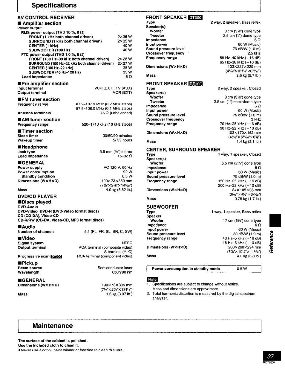 Specifications, Maintenance | Panasonic SC-DT300 User Manual | Page 37 / 40