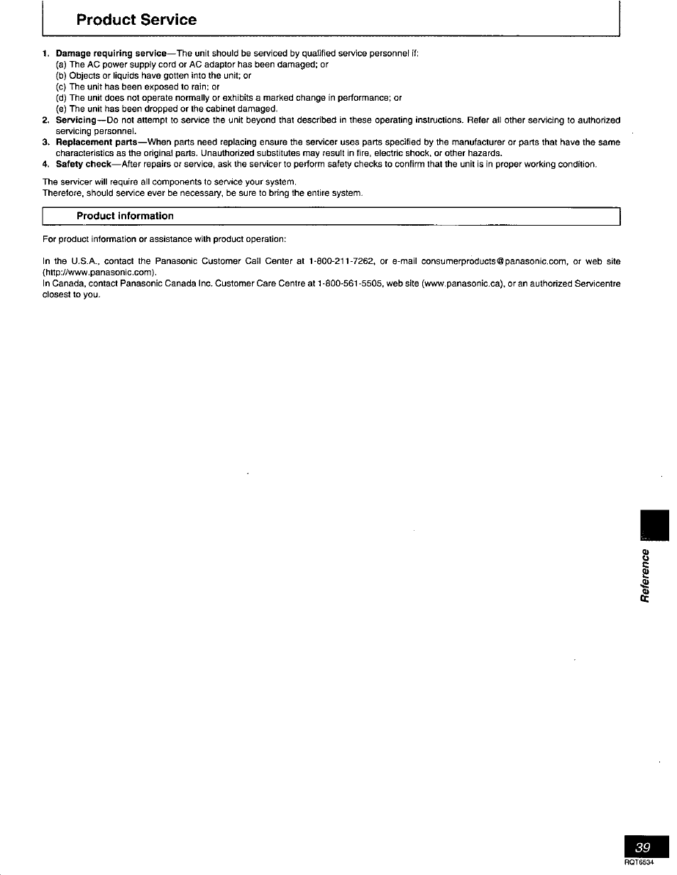 Product service, Product information | Panasonic SC-DT300 User Manual | Page 39 / 40