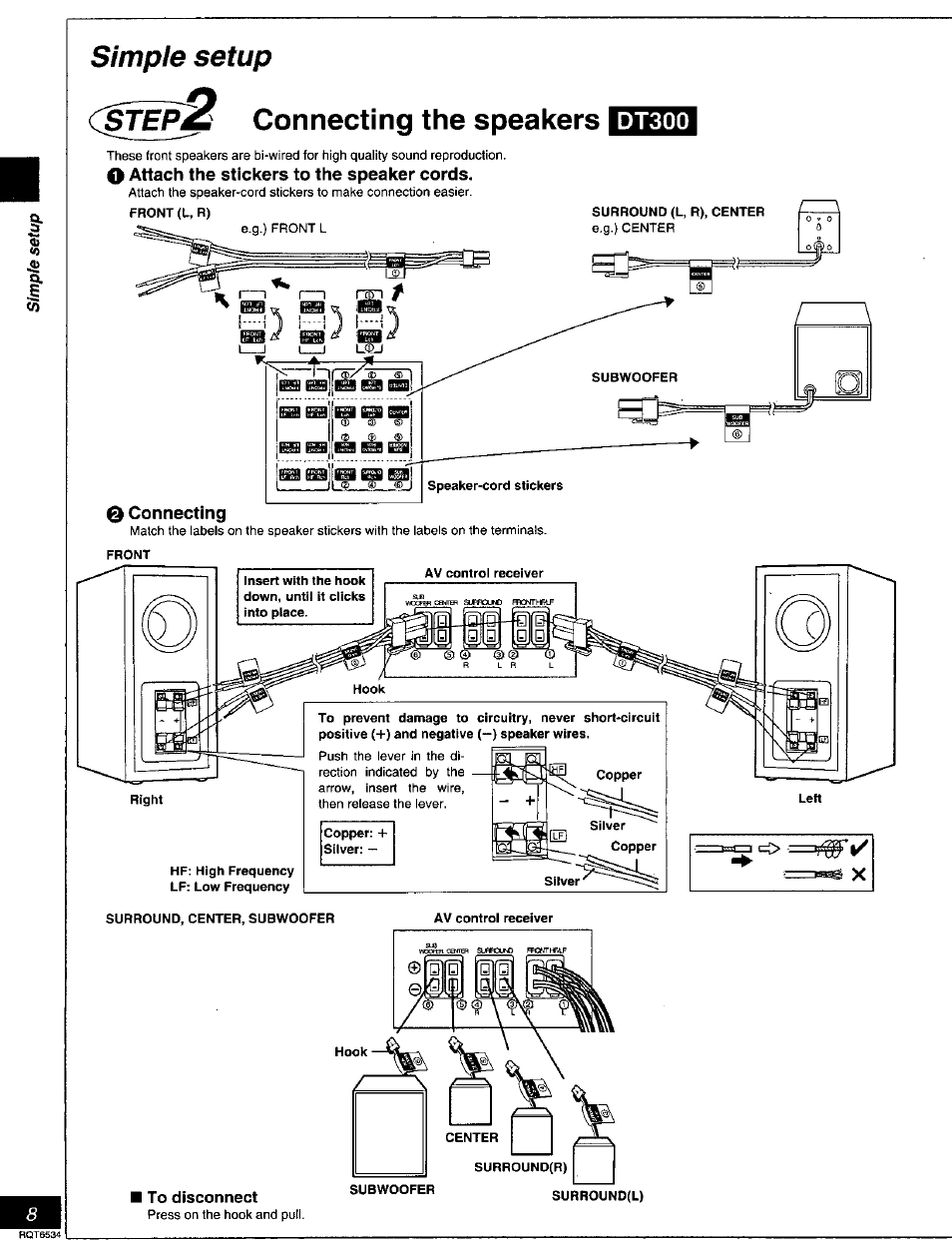 Simple setup, To disconnect, Simple setup c^te | 2 connecting the speakers, Dt300, Q attach the stickers to the speaker cords, Connecting, Ts "is i | Panasonic SC-DT300 User Manual | Page 8 / 40