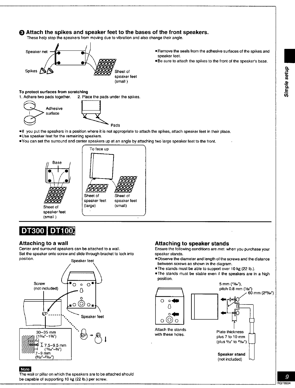 Dt300 dti 00, Attaching to a wali, Attaching to speaker stands | Panasonic SC-DT300 User Manual | Page 9 / 40