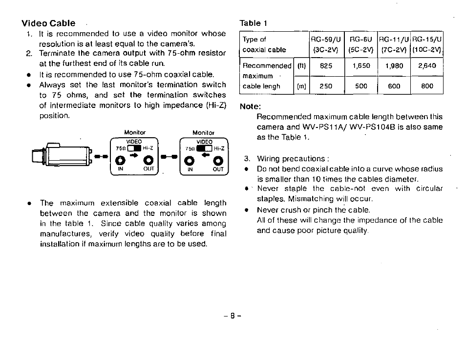 Video cable | Panasonic CCTV CAMERA WV-BP102 User Manual | Page 10 / 22