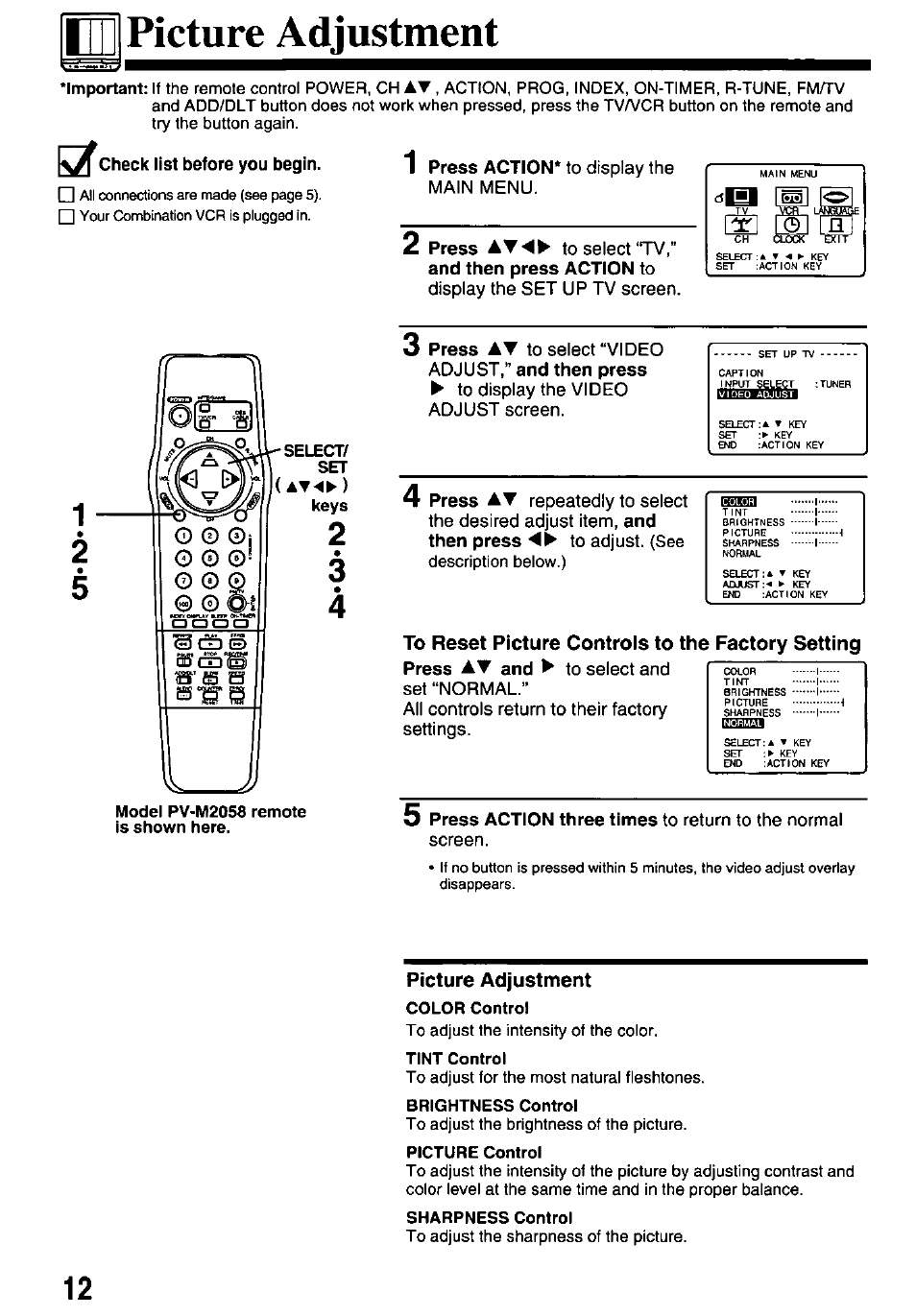 Picture adjustment, Color control, Tint control | Brightness control, Picture control, Sharpness control | Panasonic OMNIVISION VHS PV-M2058 User Manual | Page 12 / 40