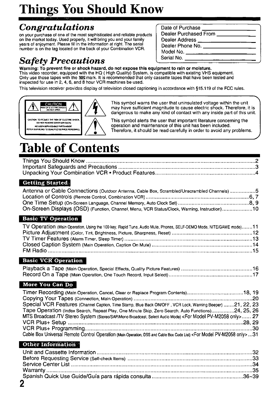 Things you should know, Things, Should know | Safety precautions | Panasonic OMNIVISION VHS PV-M2058 User Manual | Page 2 / 40