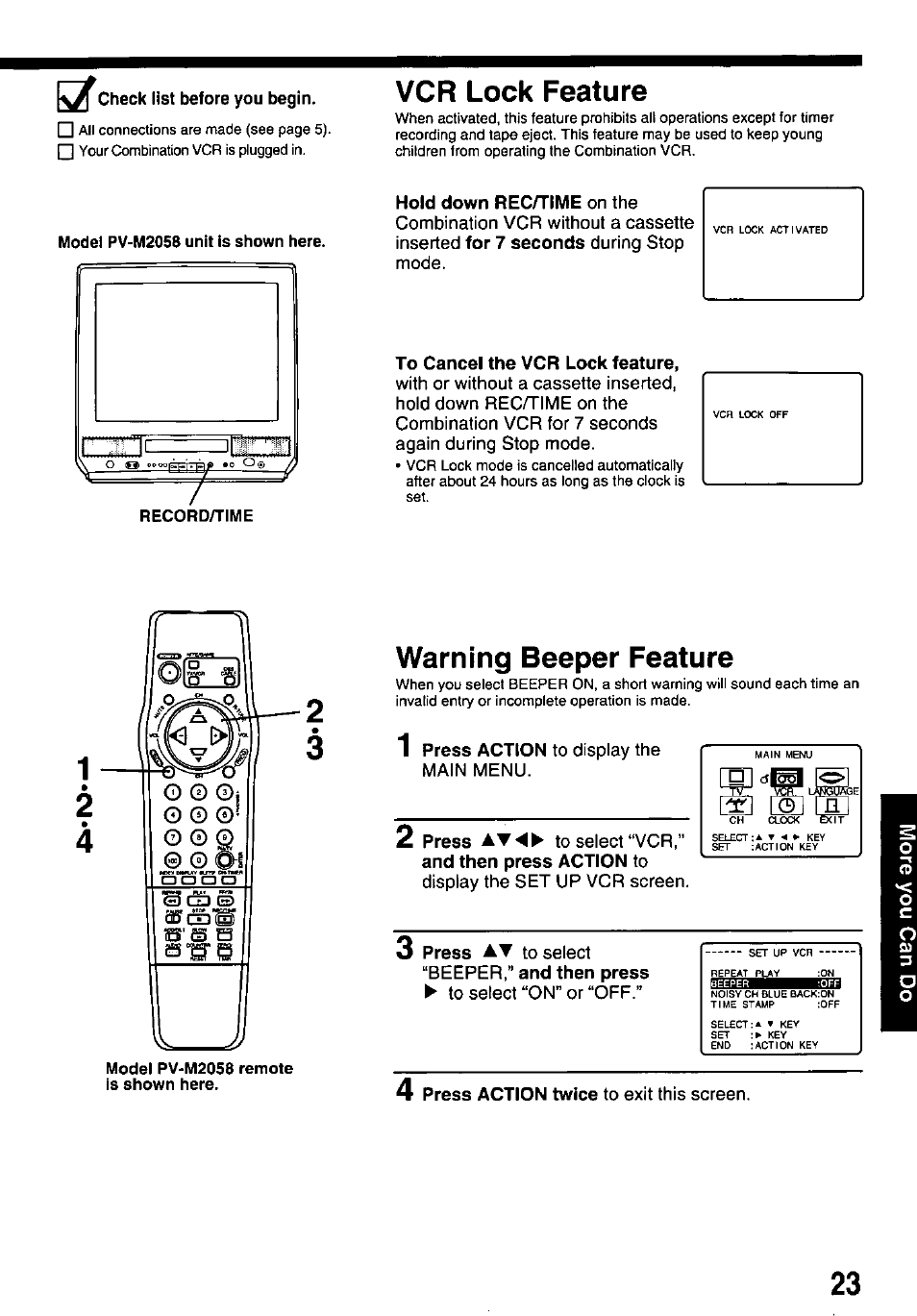 Vcr lock feature, Model pv-m2058 unit is shown here, Весороя1ме | Model pv-m2058 remote is shown here, Warning beeper feature | Panasonic OMNIVISION VHS PV-M2058 User Manual | Page 23 / 40