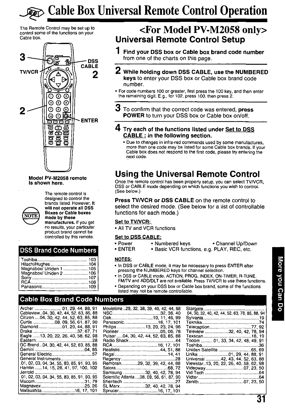 Cable box universal remote control operation, Model pv-m2058 remote is shown here, 1 find your dss box or cable box brand code number | Using the universal remote control, Set to tv/vcr, Set to dss cable, Cable box brand code numbers, For model pv-m2058 only, Universal remote control setup | Panasonic OMNIVISION VHS PV-M2058 User Manual | Page 31 / 40