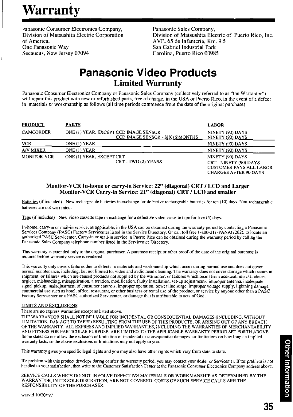 Warranty, Panasonic video products, Limited warranty | Panasonic OMNIVISION VHS PV-M2058 User Manual | Page 35 / 40