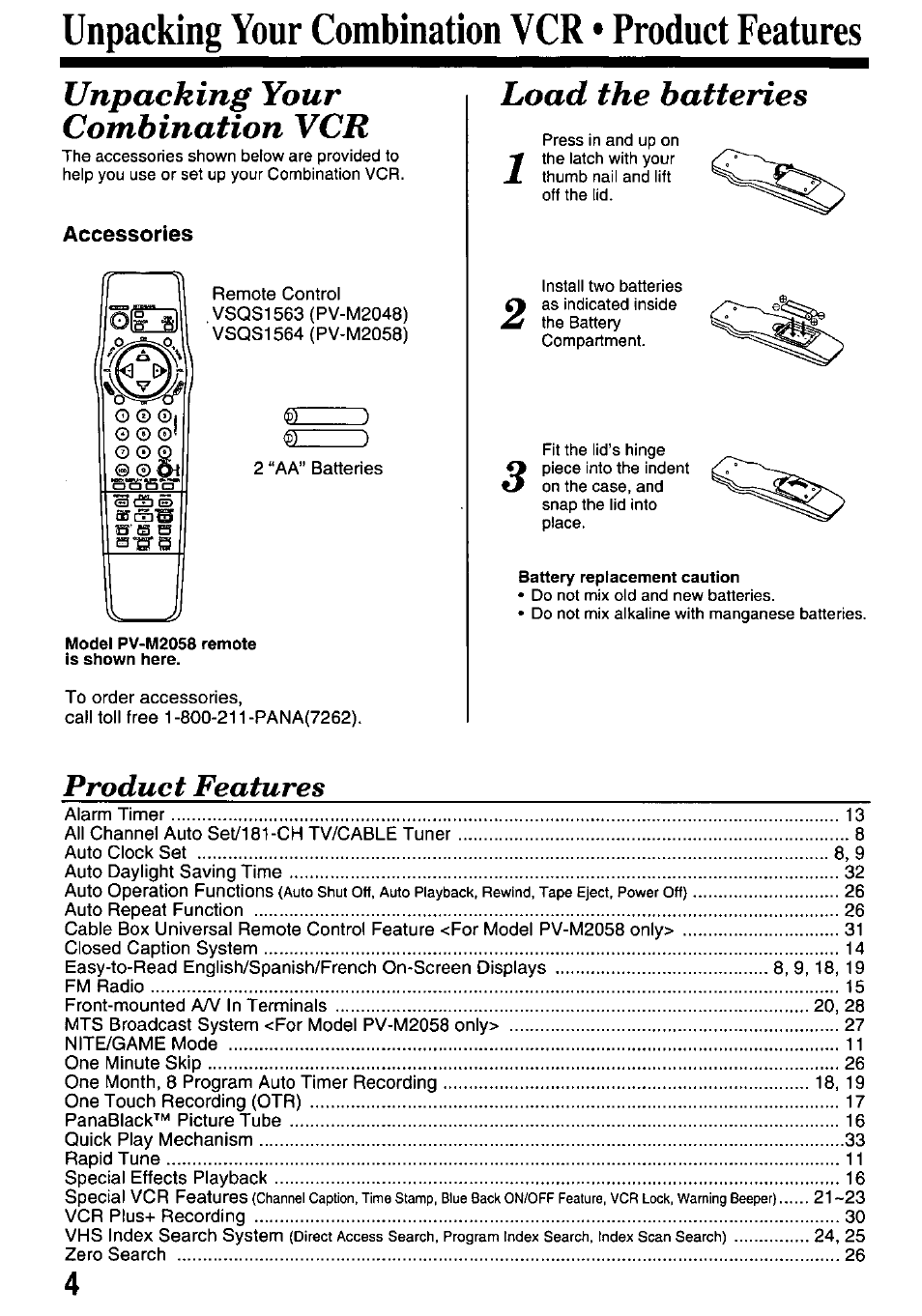 Unpacking your combination vcr • product features, Accessories, Unpacking your combination vcr | Load the batteries, Product features | Panasonic OMNIVISION VHS PV-M2058 User Manual | Page 4 / 40