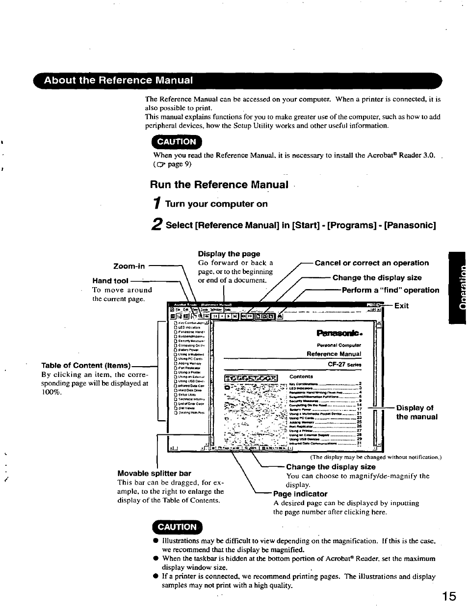 About the reference manual, Run the reference manual, 7 turn your computer on | Zoom-in, Hand tool, Table of content (items), Cancel or correct an operation, Change the display size, Find" operation, Exit | Panasonic CF-27 User Manual | Page 15 / 28