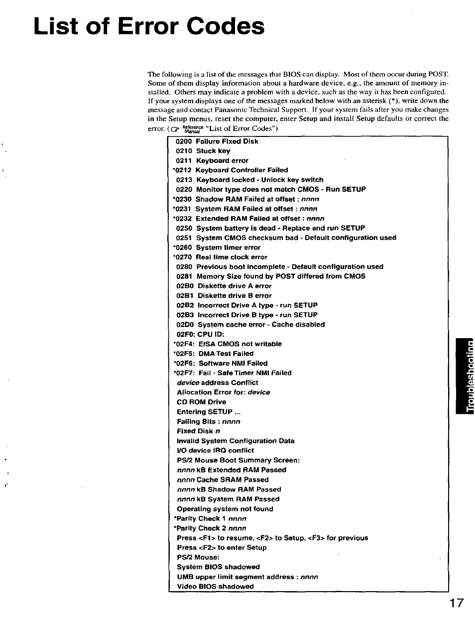 List of error codes | Panasonic CF-27 User Manual | Page 17 / 28