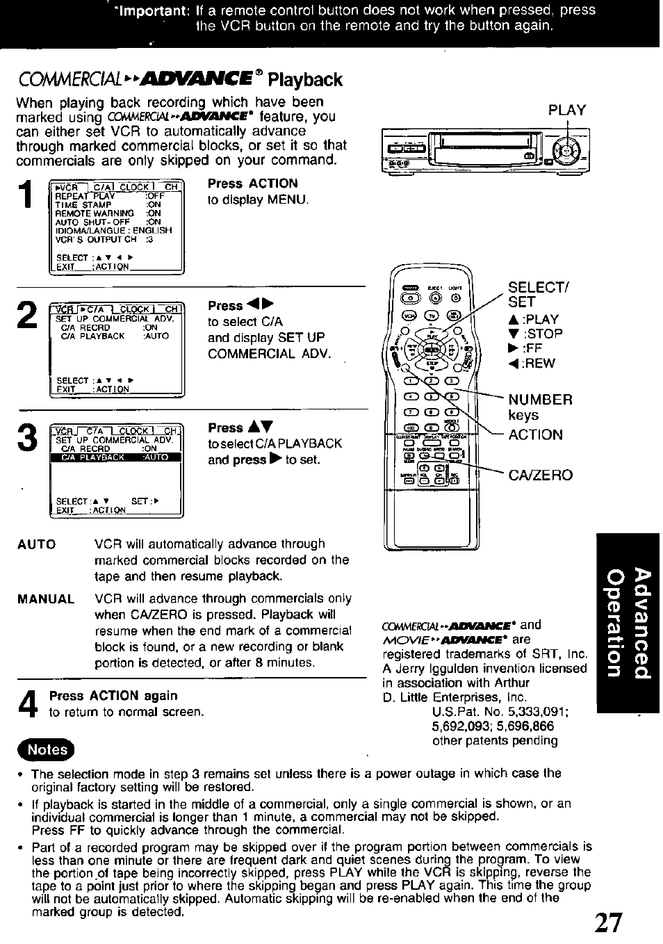 Press, Comeroal^^asdvance, Playback | Panasonic PV-V4621 User Manual | Page 27 / 44