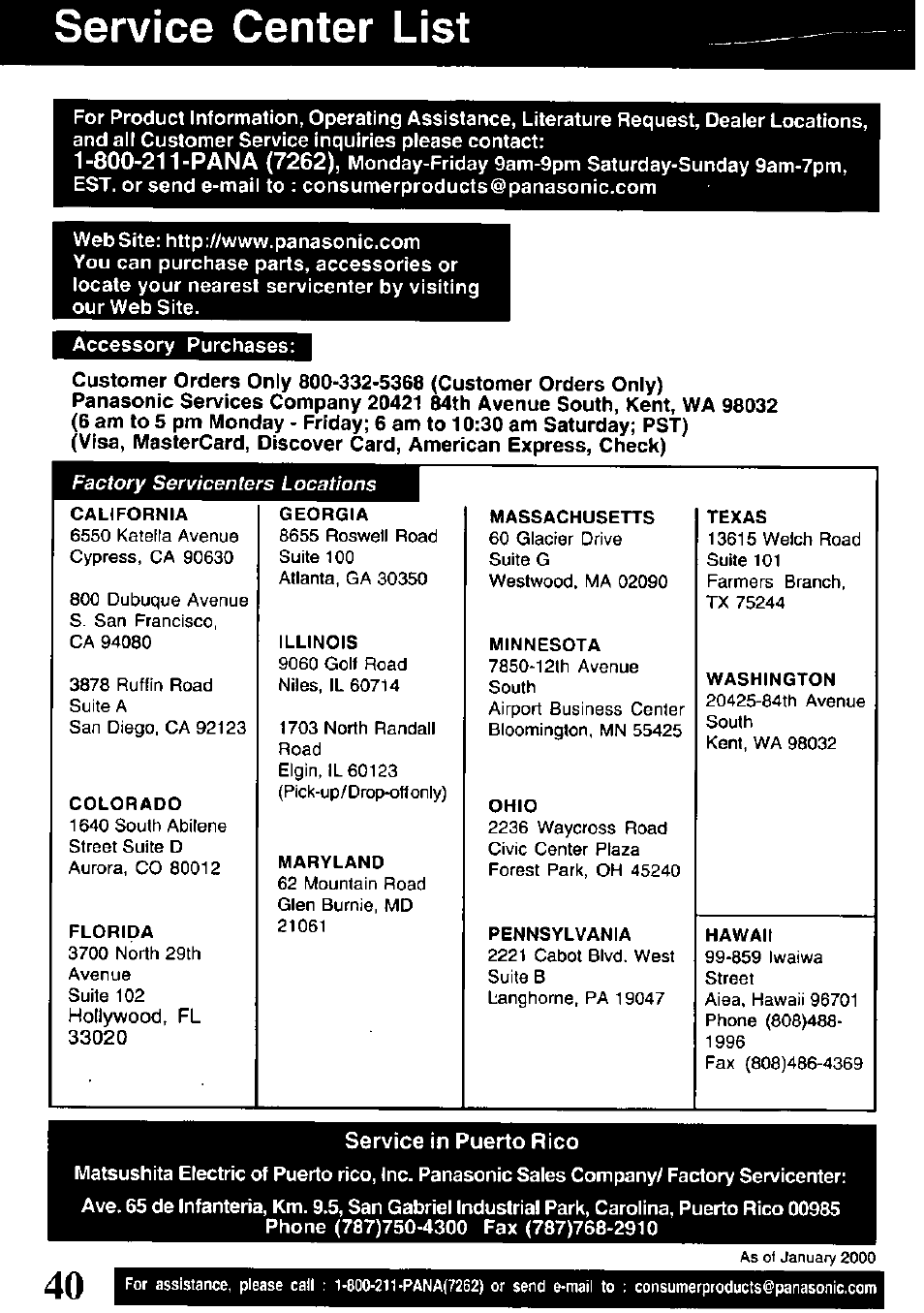 Service center list, Service in puerto rico | Panasonic PV-V4621 User Manual | Page 40 / 44