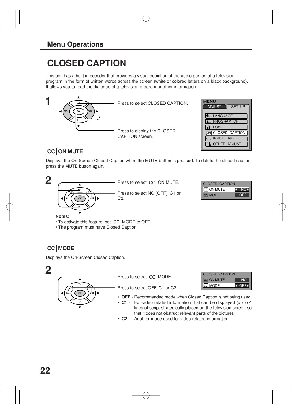 Closed caption, Menu operations | Panasonic TC-20LA2 User Manual | Page 22 / 40