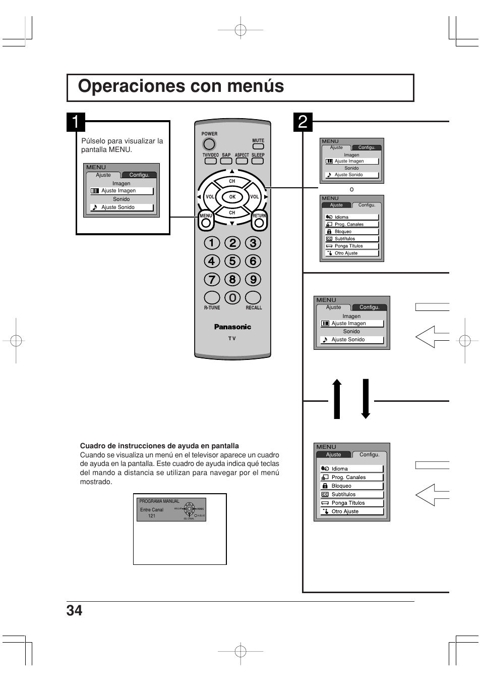 Operaciones con menus, Operaciones con menús | Panasonic TC-20LA2 User Manual | Page 34 / 40