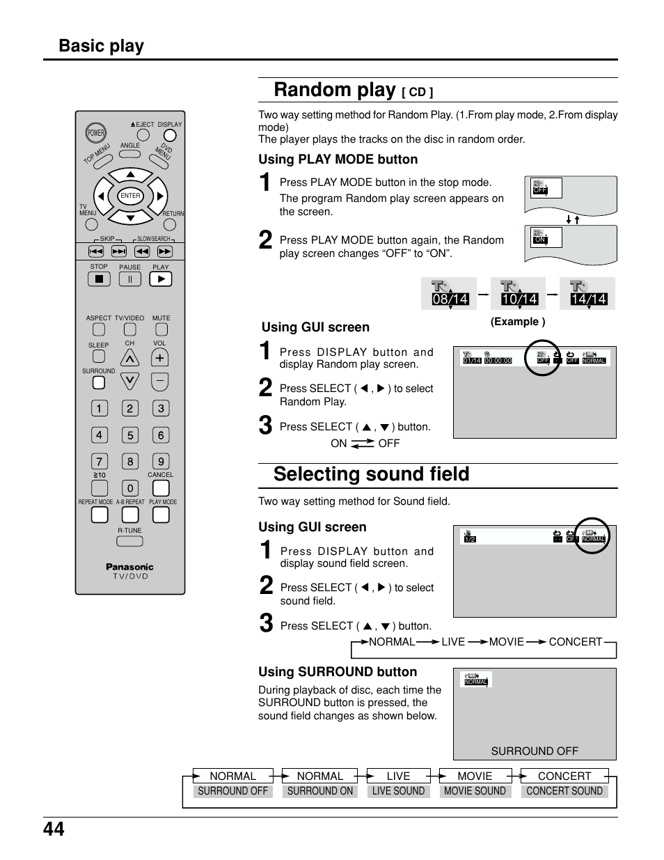 Random play, Selecting sound field, Basic play | Panasonic TC 15LV1 User Manual | Page 44 / 64