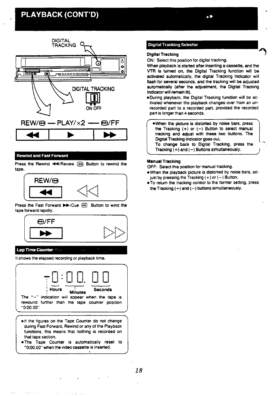 Playback (cont’d), Lap time counter, J minutes | Digital tracking, Manual tracking, Rew/0 | Panasonic NV-L20 User Manual | Page 18 / 35