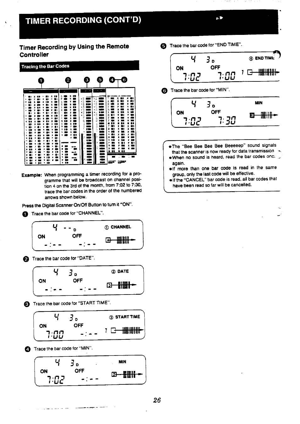 Timer recording by using the remote controiler, Timer recording (cont’d), 1 n n | T-nn 7 b, W -- on, R: on 3 o off, Tracing the bar codes «1 ' m ■ > m t »m \ ■« t m, Ih > nn m * ml, 1« m ■m, 0 channel 0- q trace the bar code for “date | Panasonic NV-L20 User Manual | Page 26 / 35