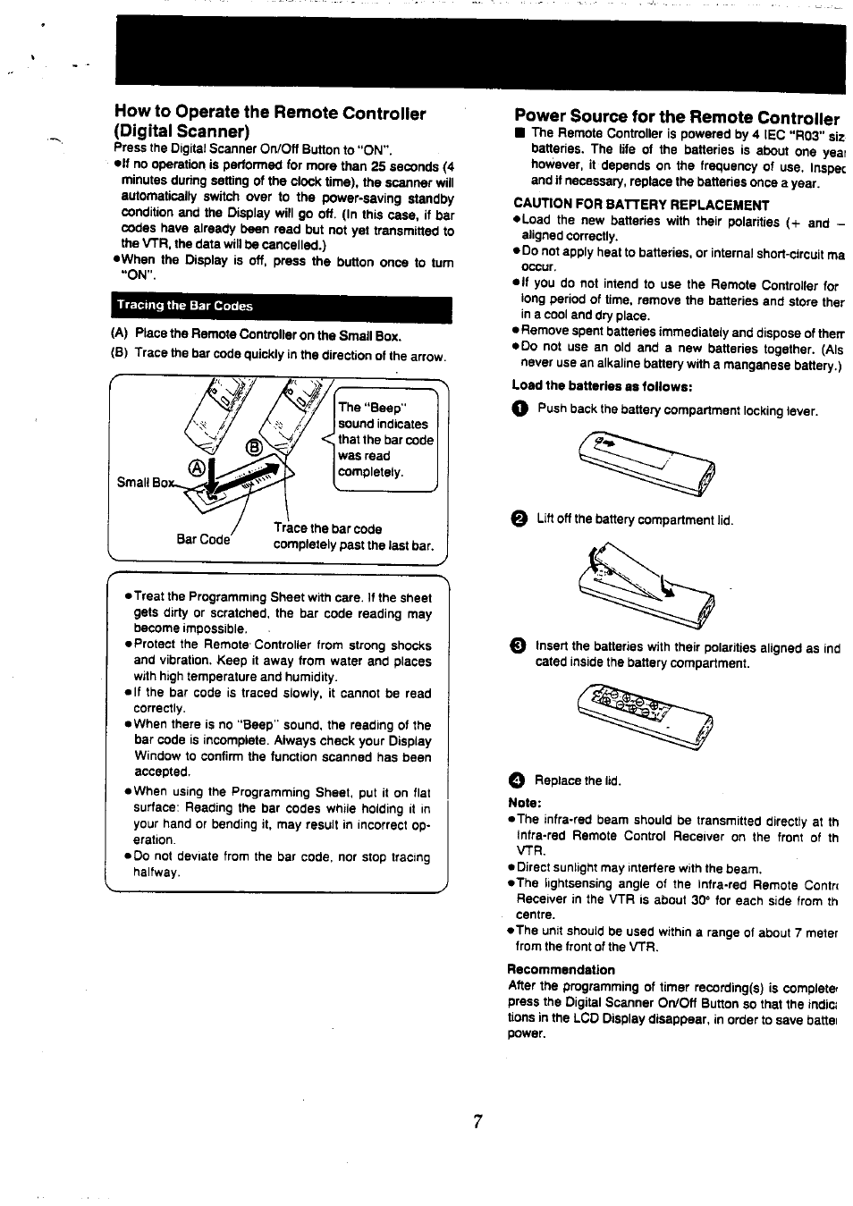 Power source for the remote controller | Panasonic NV-L20 User Manual | Page 7 / 35