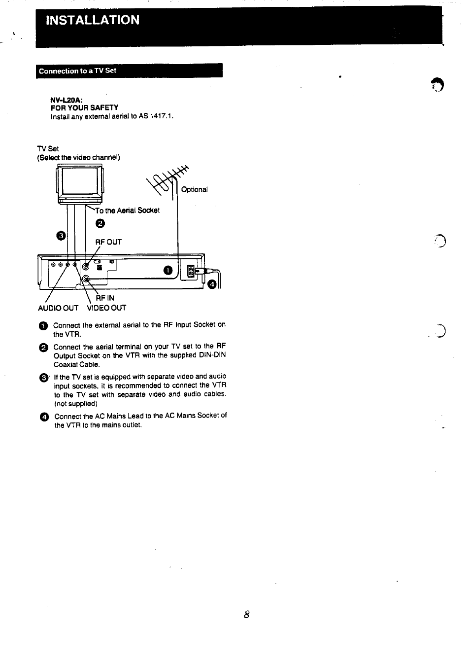 Installation, Nv-l20a, For your safety | Panasonic NV-L20 User Manual | Page 8 / 35