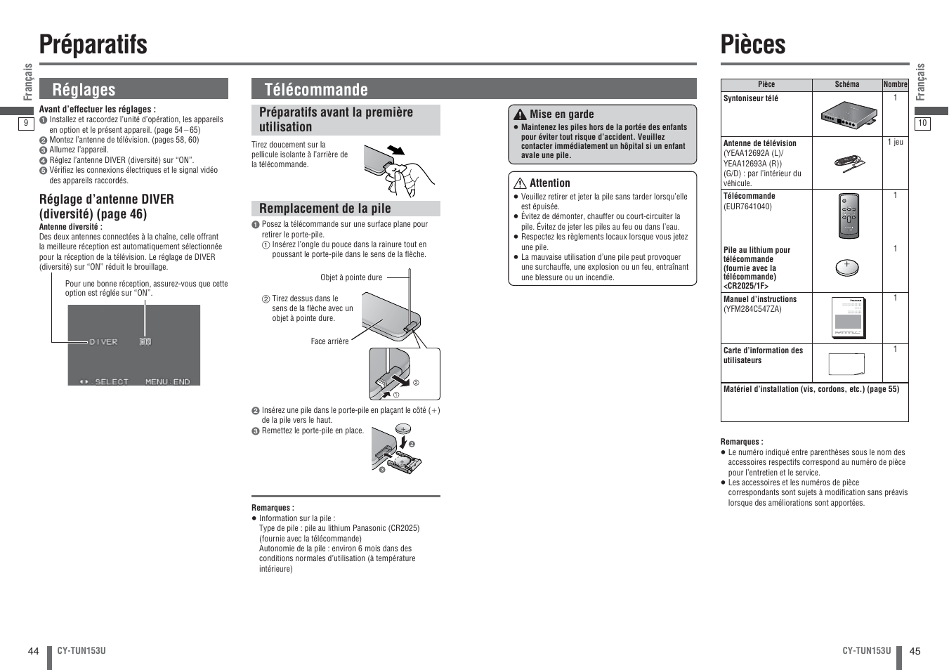 Preparatifs, Pieces, Pièces préparatifs | Télécommande, Réglages | Panasonic CY-TUN153U User Manual | Page 23 / 52