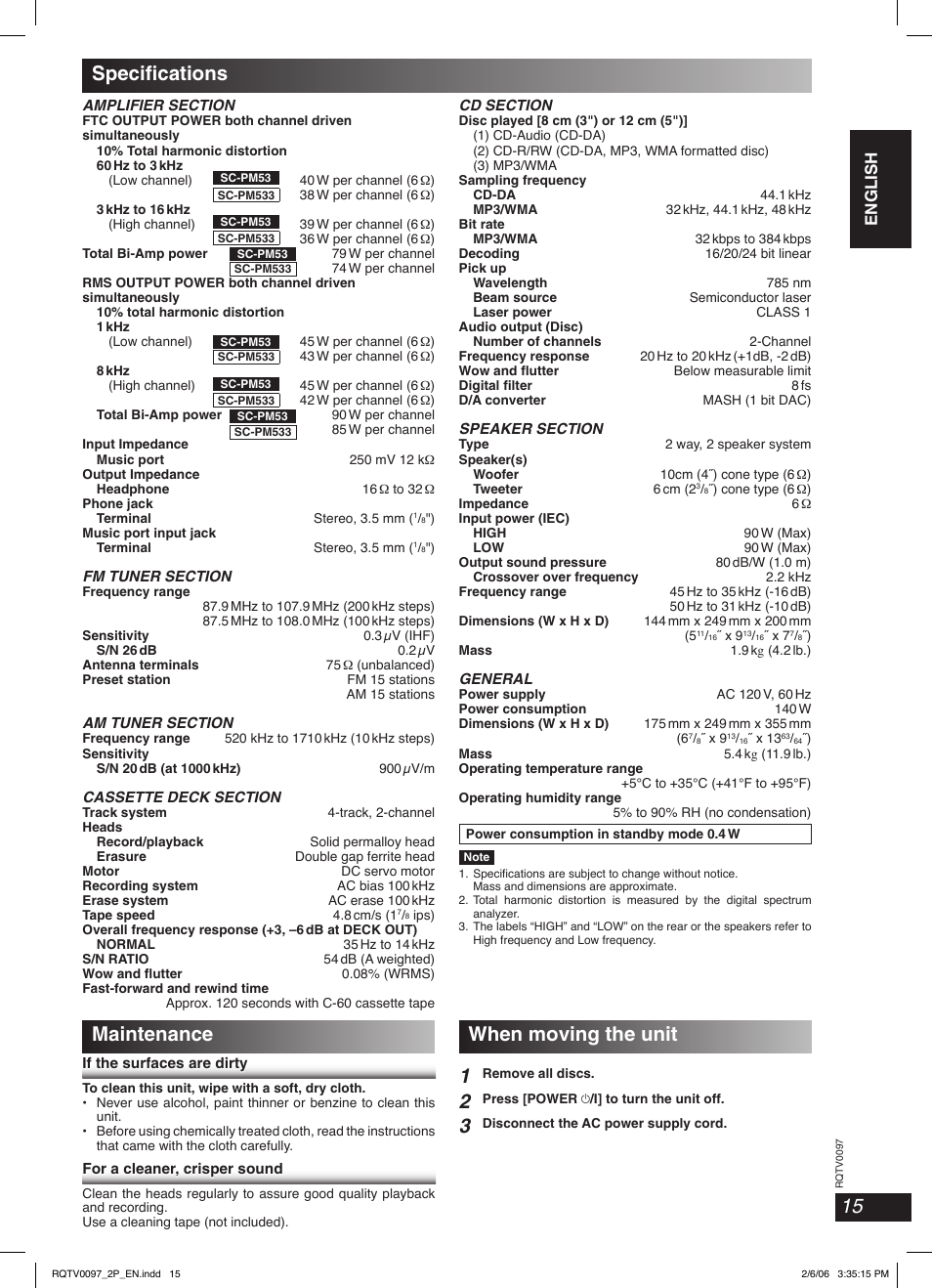Specifications, Maintenance, When moving the unit | Specifi cations, When moving the unit 1, English english english | Panasonic SCPM533 User Manual | Page 15 / 24